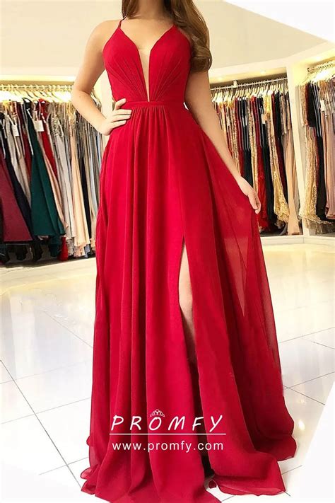 Red Chiffon Plunging Neck Pleated Split Prom Dress Promfy