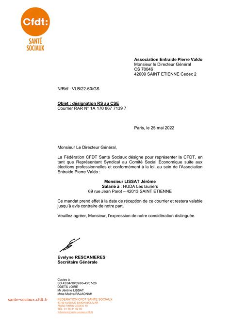 Courrier de désignation du Représentant Syndical au CSE RSCSE