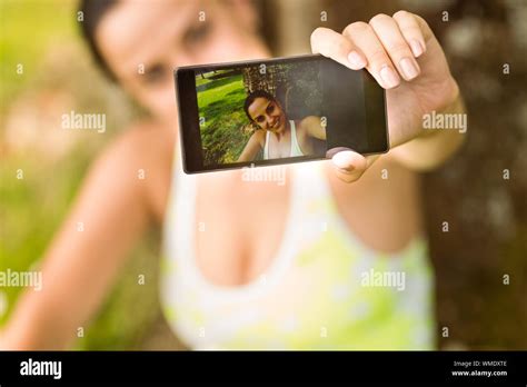 Smiling Athletic Brunette Taking Selfie Hi Res Stock Photography And