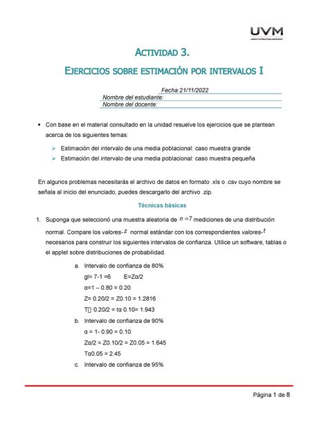 Actividad Ejercicios Sobre Estimaci N Por Intervalos Actividad