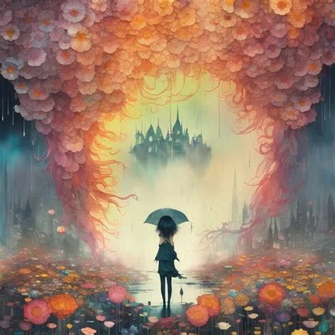 Rain Of Flowers At A Night City Art By Art By Caia K