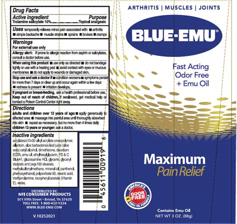 BLUE EMU MAXIMUM PAIN RELIEF Trolamine Salicylate Cream