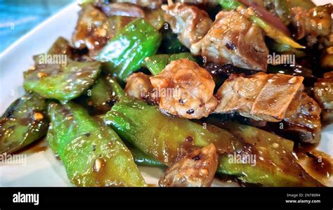 Chinese Cuisine Bitter Melon Stir Fry With Pork Ribs And Black Bean Sauce Horizontal Top View