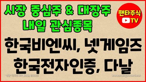 주식 대장주and 내일 관심종목한국비엔씨한국전자인증에디슨ev동진쎄미켐넷게임즈현대바이오넥슨지티메가엠디일동제약세종