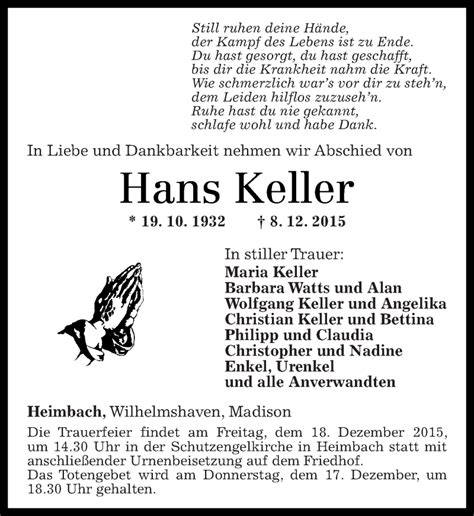 Traueranzeigen Von Hans Keller Rz Trauer De