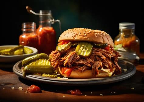 Premium Photo A Shot Of A Pulled Pork Sandwich With A Side Of Pickles And Mustard