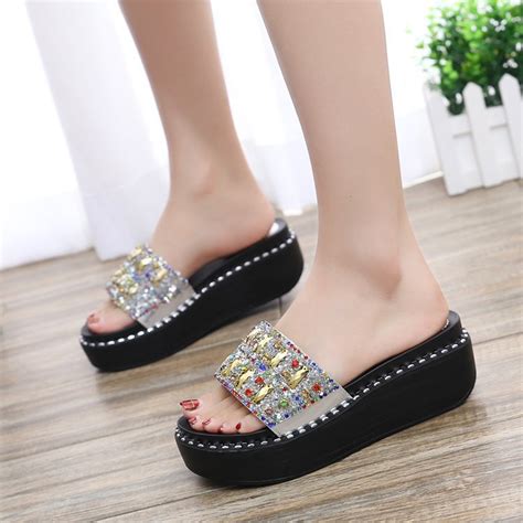 New Women Rhinestone Decor Platform Slide Sandals Worldwide Fast Shipping