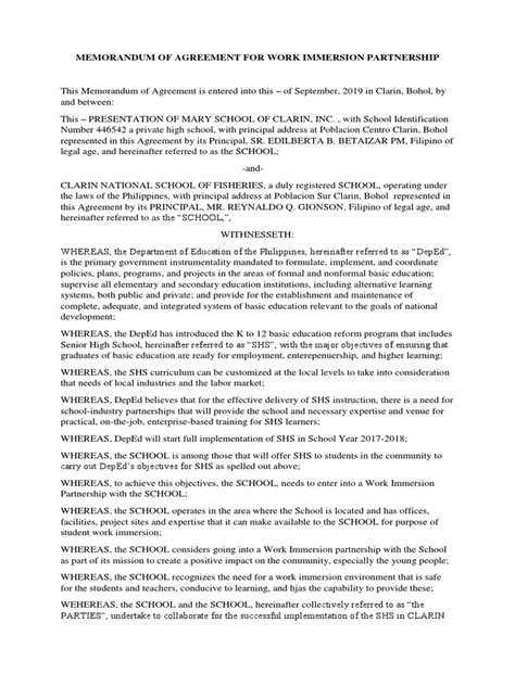 Memorandum Of Agreement For Work Immersion Partnership Download Free