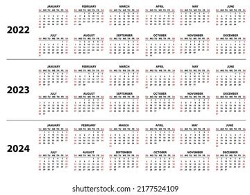 Calendar 2022 2023 2024 Years English Stock Vector Royalty Free