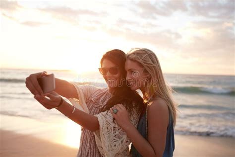 Happy Young Women Taking Selfie On The Beach Stock Image Image Of