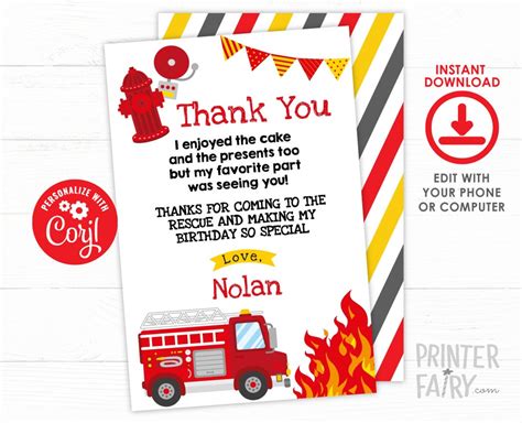 Firefighter Thank You Cards EDITABLE Fire Fighter Birthday Party