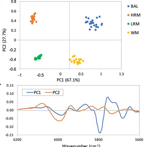 The Pca Score Plot A And Loading Spectra B On The First Two