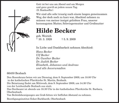 Traueranzeigen Von Hilde Becker Saarbruecker Zeitung Trauer De