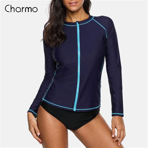 Charmo Women Long Sleeve Zipper Rashguard Swimsuit Solid Color Rash