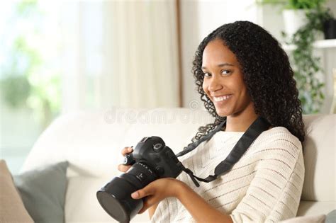 Happy Black Amateur Photographer At Home Looks At You Stock Image Image Of Black Casual
