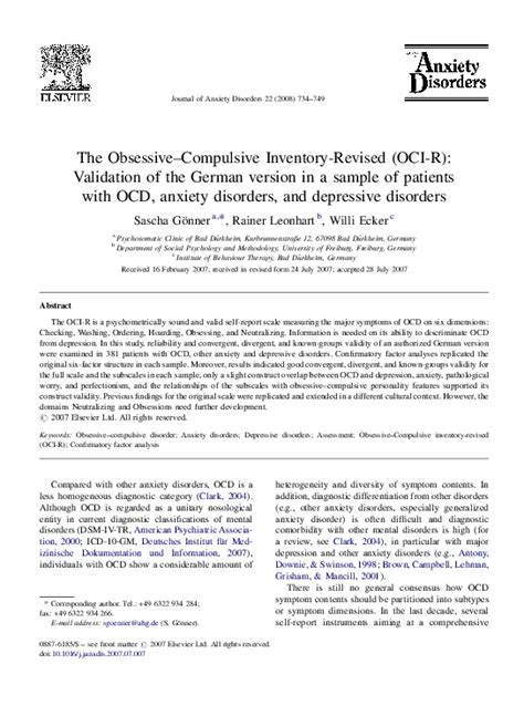 Pdf The Obsessive Compulsive Inventory Revised Oci R Validation Of The German Version In A