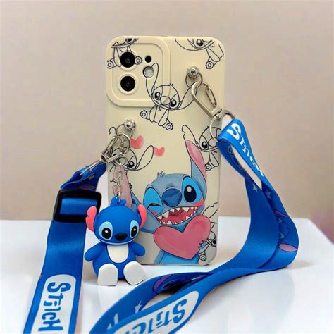 Bluepink Stitch Phone Case Cover With Doll Strap For Iphone 15 14 13