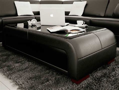 Modern Black Bonded Leather Coffee Table With Glass Top Contemporary