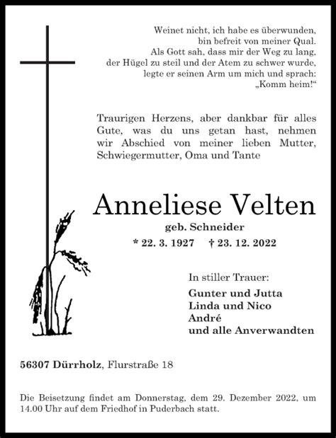 Traueranzeigen Von Anneliese Velten Rz Trauer De