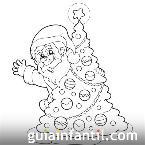 Papá Noel escondido tras el árbol. Dibujos de Navidad