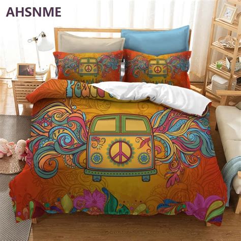 AHSNME Auspicious Camper Van 3pcs Duvet Cover Set Colorful Floral Peace Sign Bedding Set Kombi ...