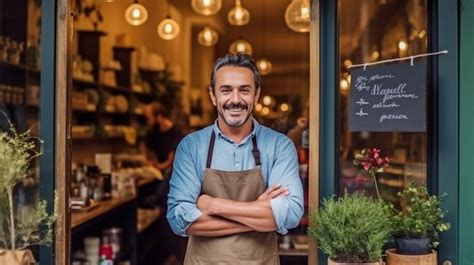 Retrato generativo de IA del dueño de un restaurante feliz parado