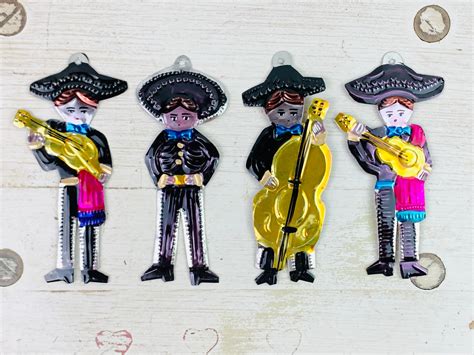 Handmade Mexican Tin Mariachi Ornaments Set Of 4 Vintage Etsy