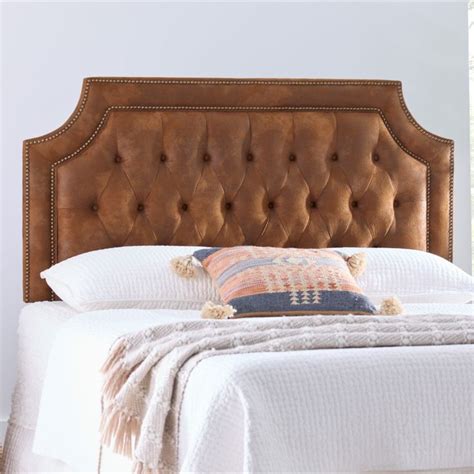 Design 59 D59 Oatmeal Linen Upholstered Tufted Button Queen Headboard With Brass Nailheads Queen