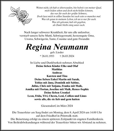 Traueranzeigen Von Regina Neumann Trauer Anzeigen De