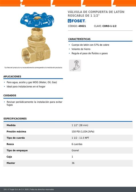 Valvula Compuerta Roscable 1 1 2 Foset 49021 Envío Gratis