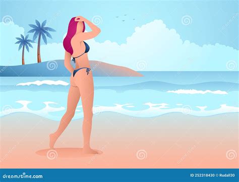 Beautiful Woman In Blue Bikini Posing On The Beach Stock Vector