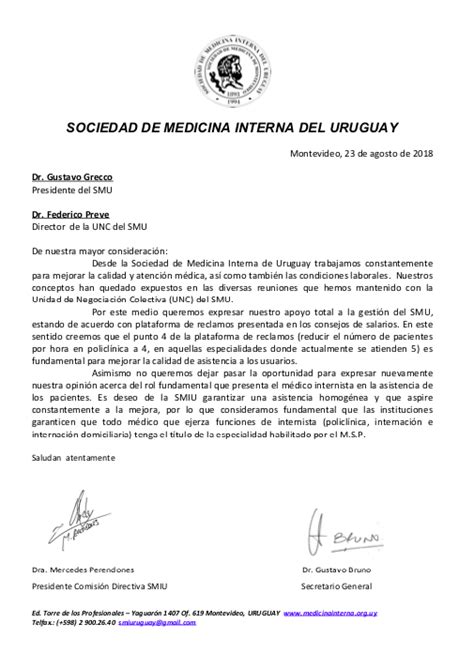 Carta De La Comisi N Directiva De La Smiu Agosto Medicina Interna