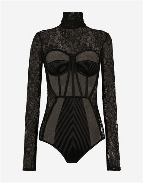 Long Sleeved Lace Bodysuit In Black For Dolceandgabbana® Us