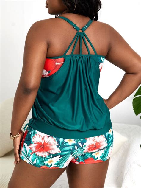 Shein Swim Classy Plus Tropical Print Tankini Set Ruched Drawstring