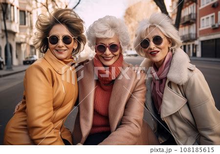 Three Stylish Elderly Women In Madrid Wearing