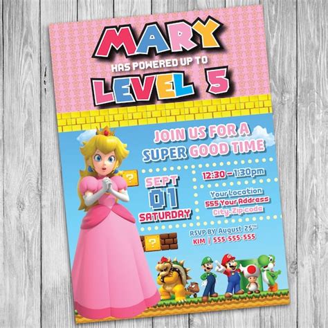 Princess Peach Invitation Mario Birthday Invitation Peach Etsy