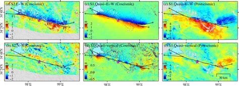 A D Coseismic And E F Postseismic Displacement Fields Of The