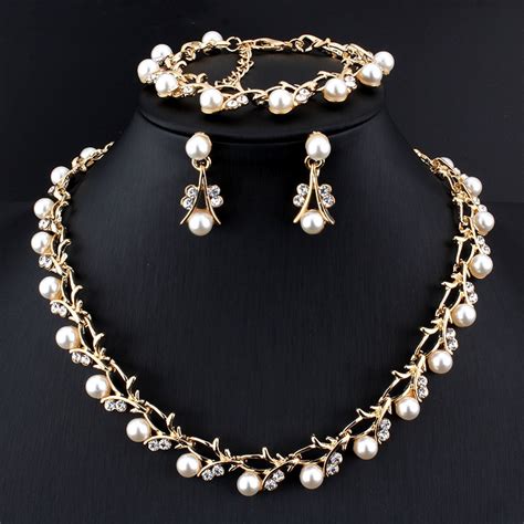 Fashion Imitation Pearl Wedding Necklace Earring Bridal For Women Elegant Rhinestone Jewelry