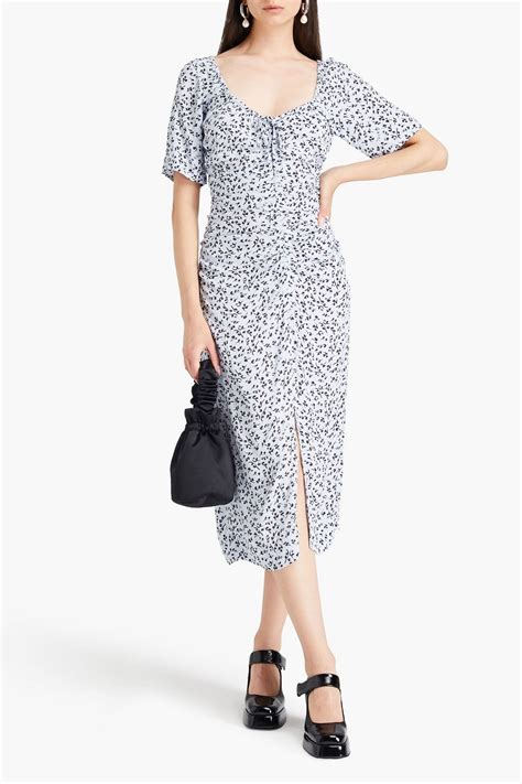 Ganni Ruched Printed Crepe Midi Dress The Outnet