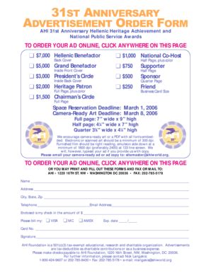 Fillable Online St Anniversary Advertisement Order Form Fax Email