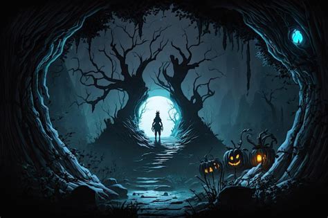 Premium Photo Creepy Halloween Night In The Deep Dark Mountain Forest