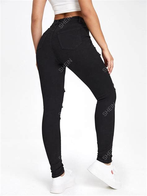 Shein Ezwear Black Slant Pocket Ripped Skinny Jeans Shein Uk