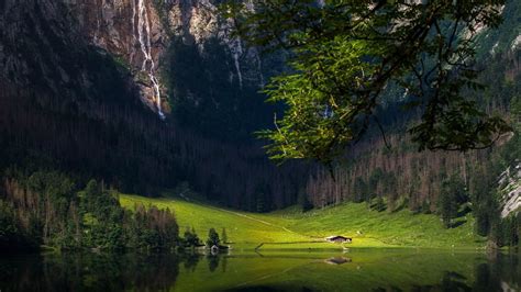 1920x1080 Nature Landscape House Green Grass Mountain Water Lake Trees