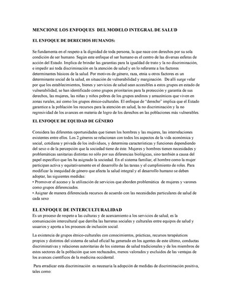 Mencione Los Enfoque Del Modelo Integral De Salud Mencione Los