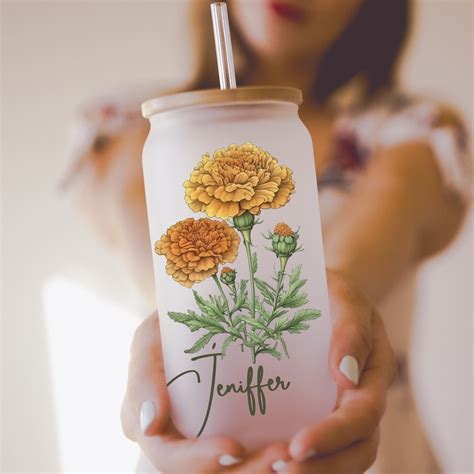 Personalized Birth Flower Glass Tumbler Personalized Birth Flower Coffee Cup With Name