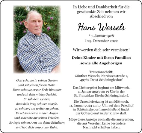 Traueranzeigen Von Hans Wessels Noz Trauerportal