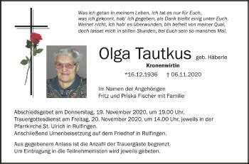 Traueranzeigen Von Olga Tautkus Schwaebische De Trauerportal