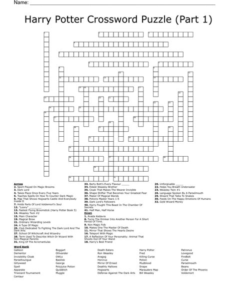 Harry Potter Crossword Puzzle Printable