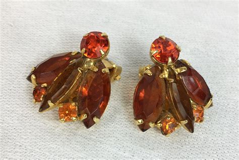 Vintage Juliana Amber Glass Cluster Clip Earrings Gem