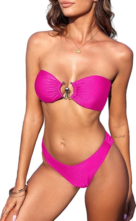 Zaful Womens Bandeau Bikini Set Metallic Sparkly O Ring Lace Up Tie Side High Cut Tanga Sexy